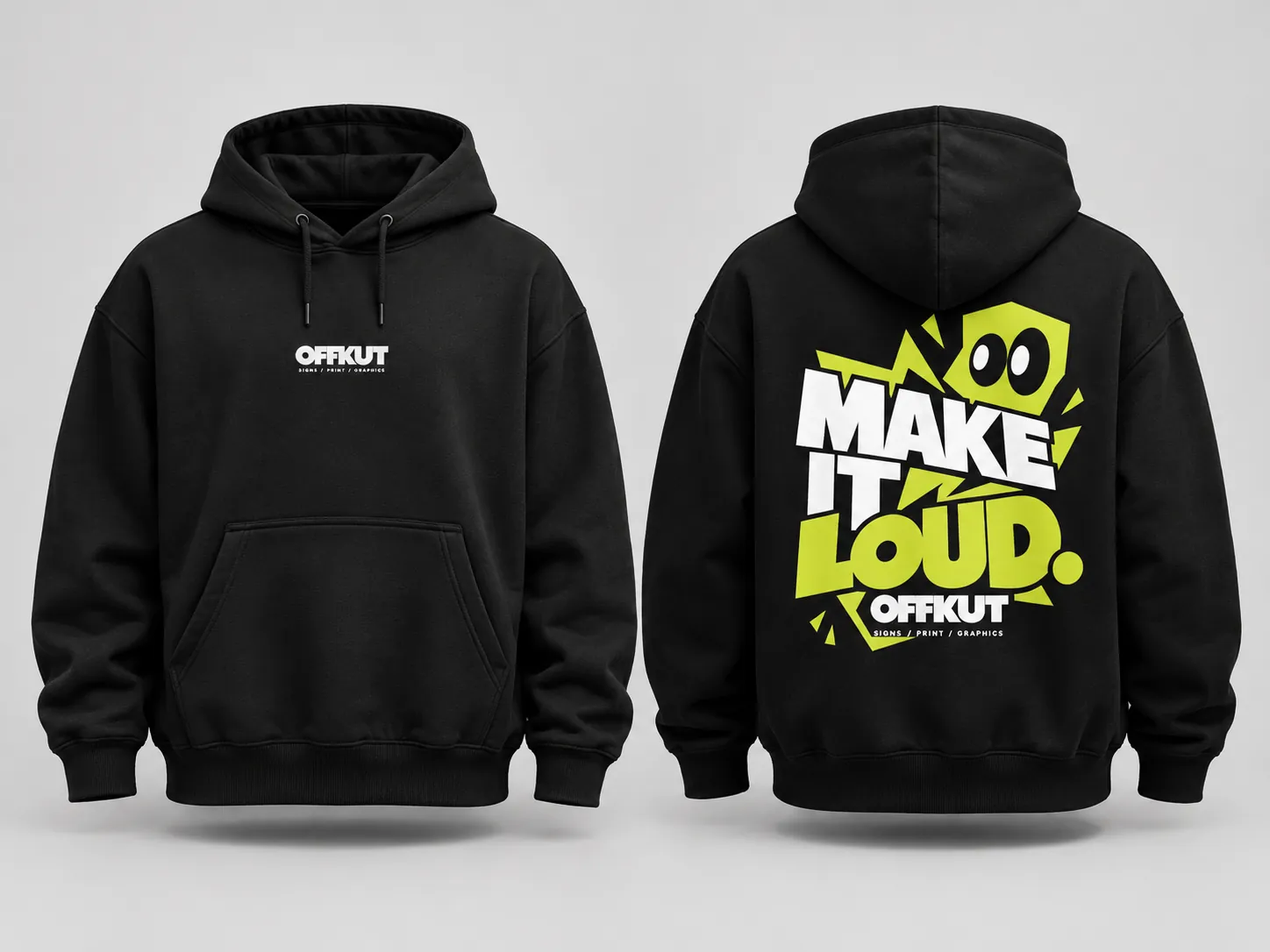 Black OFFKUT hoodie, front logo and a Make It Loud back print in lime