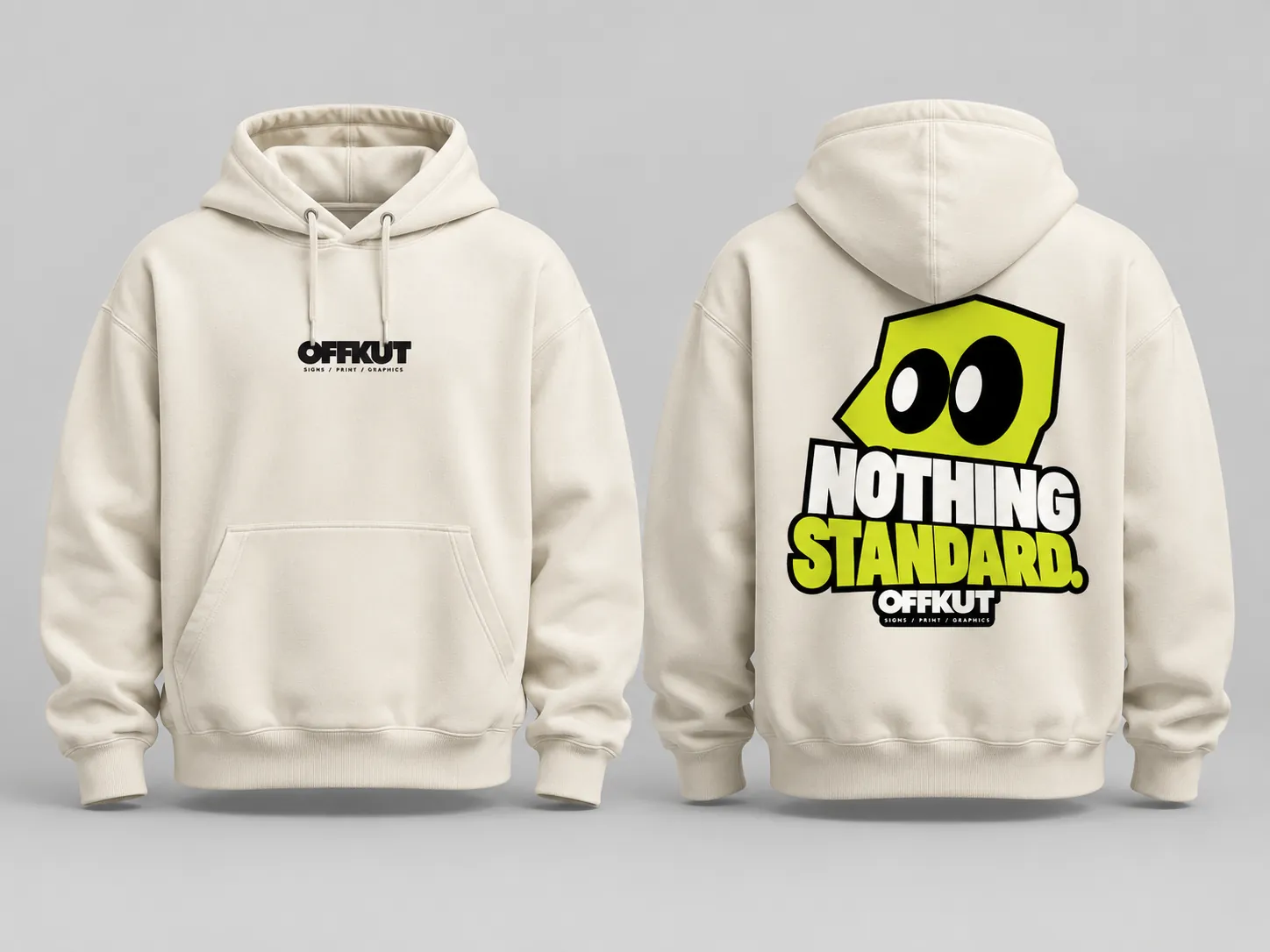 Cream OFFKUT hoodie, front logo and a Nothing Standard back print with the mascot