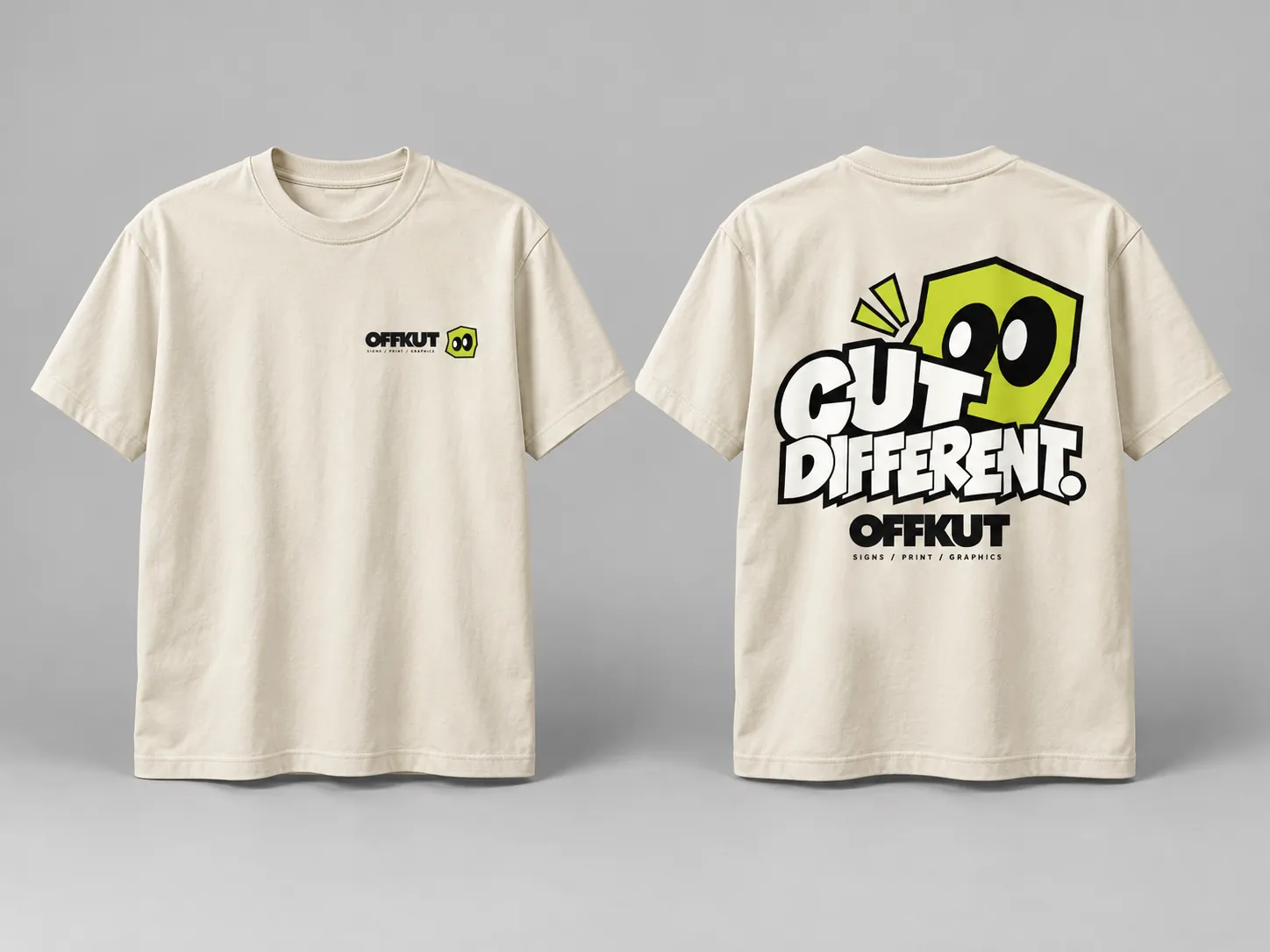 Cream OFFKUT tee with a Cut Different back print