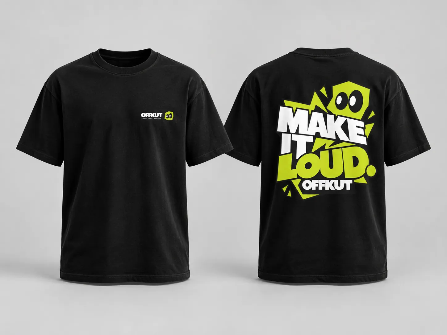 Black OFFKUT tee with the Make It Loud back print