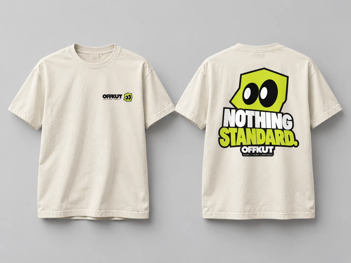 Cream OFFKUT tee with the Nothing Standard back print
