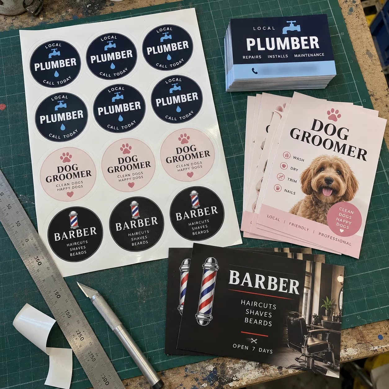 Sheets of round stickers, business cards and flyers laid out on a green cutting mat