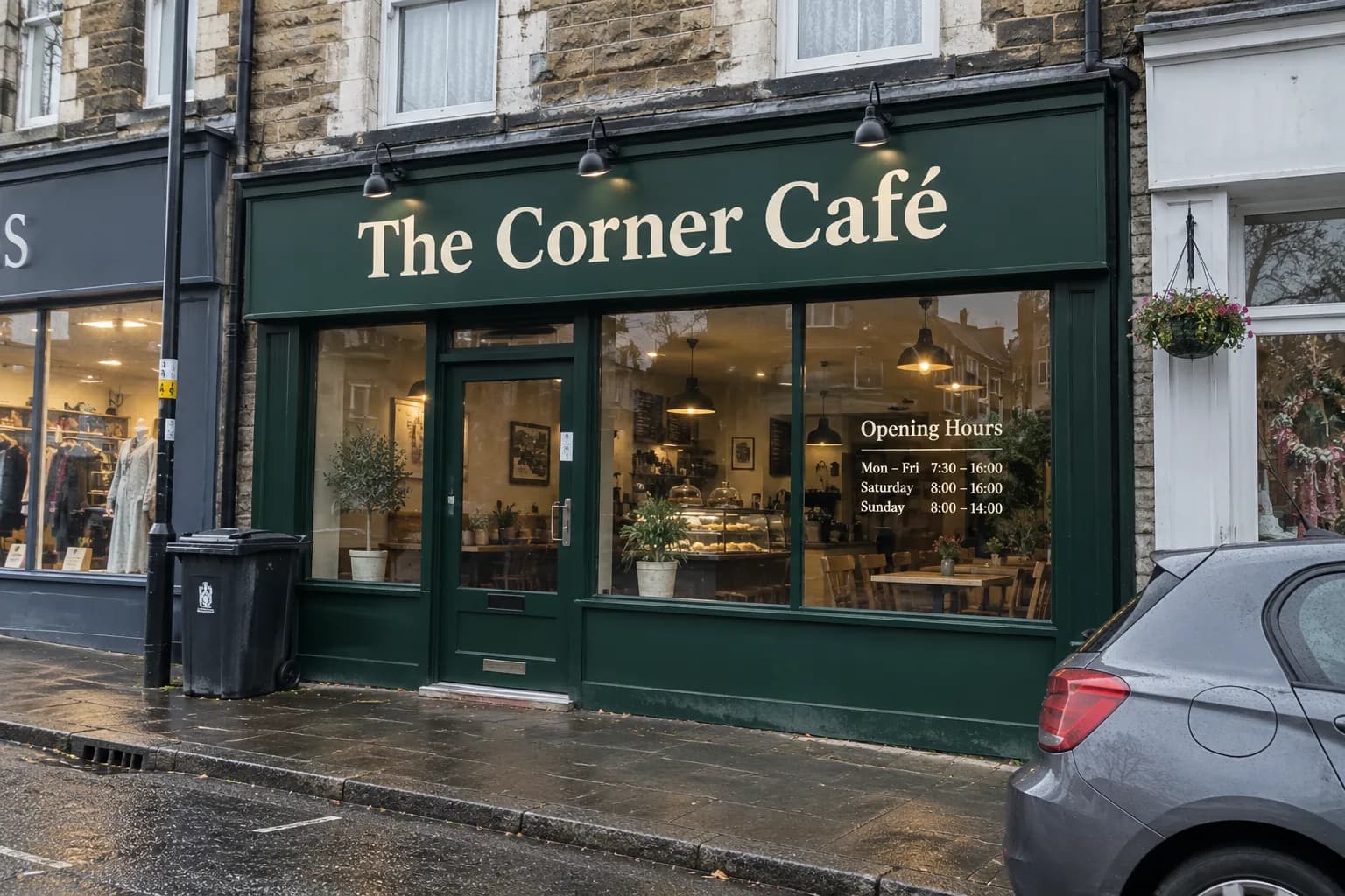 Green shop fascia with cream lettering above a café front on a stone terrace