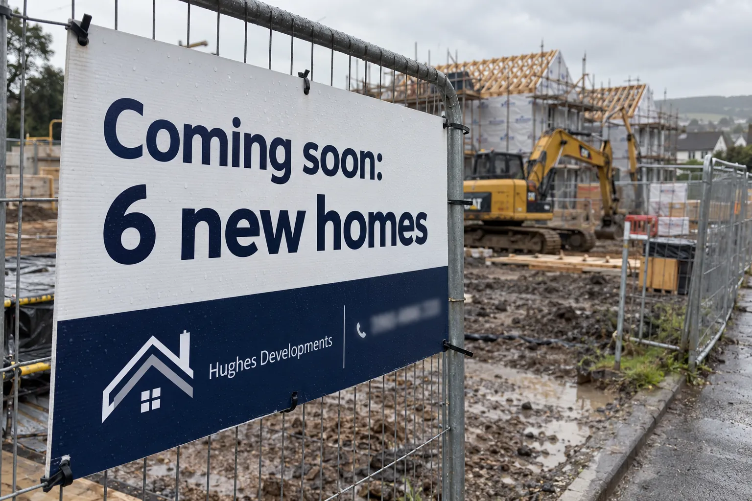 Navy and white correx board reading Coming soon, 6 new homes, cable-tied to site fencing