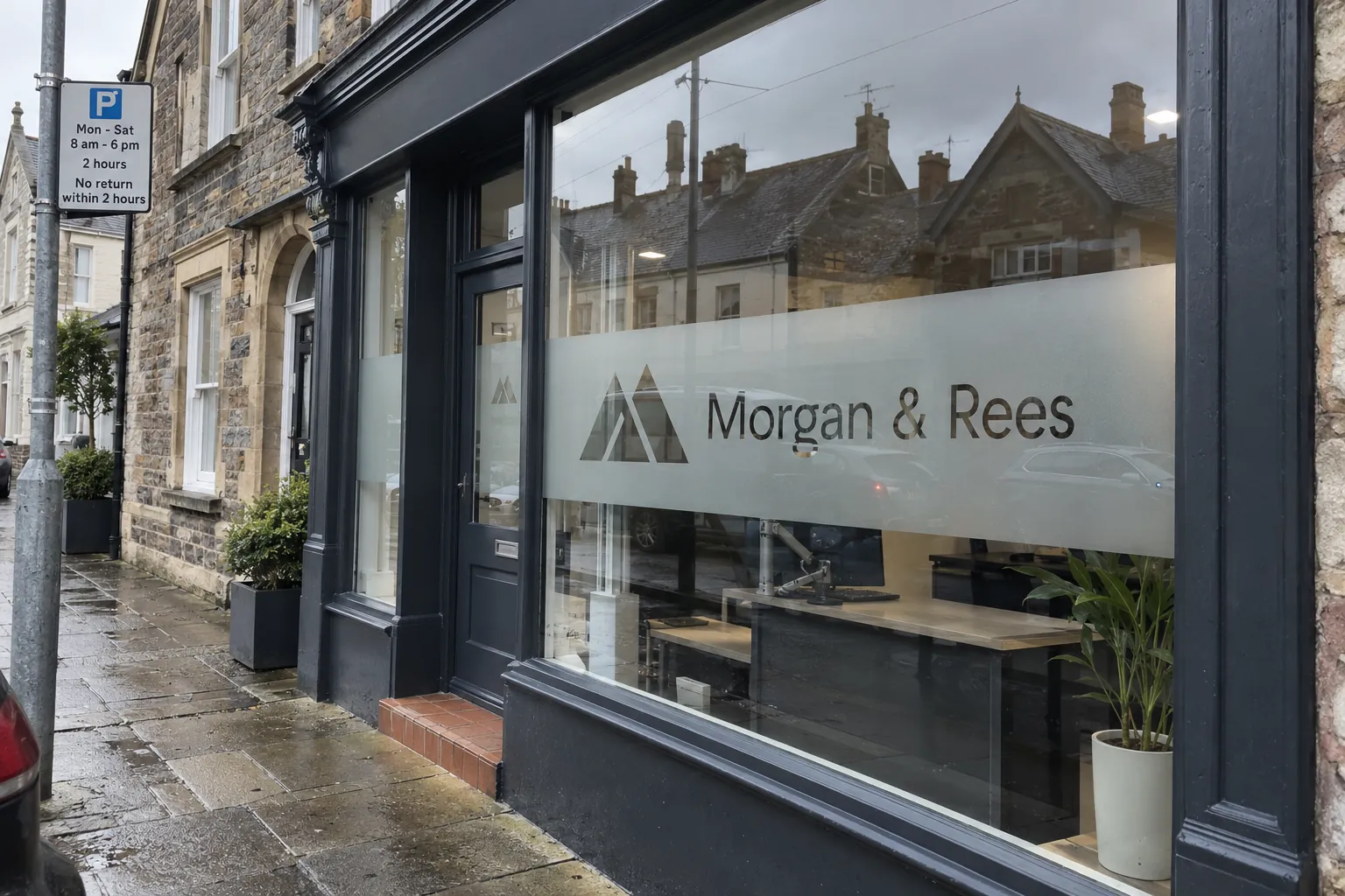 Office window with a frosted vinyl band and a company name across the glass