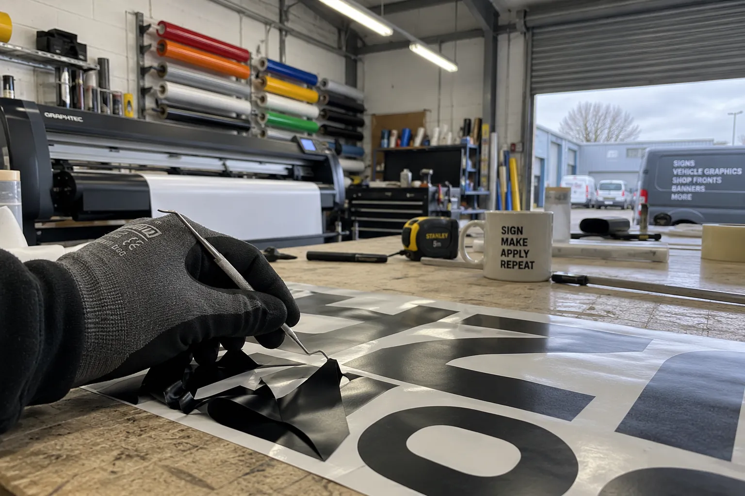 Gloved hand weeding black cut vinyl on a workbench, with a large-format printer behind